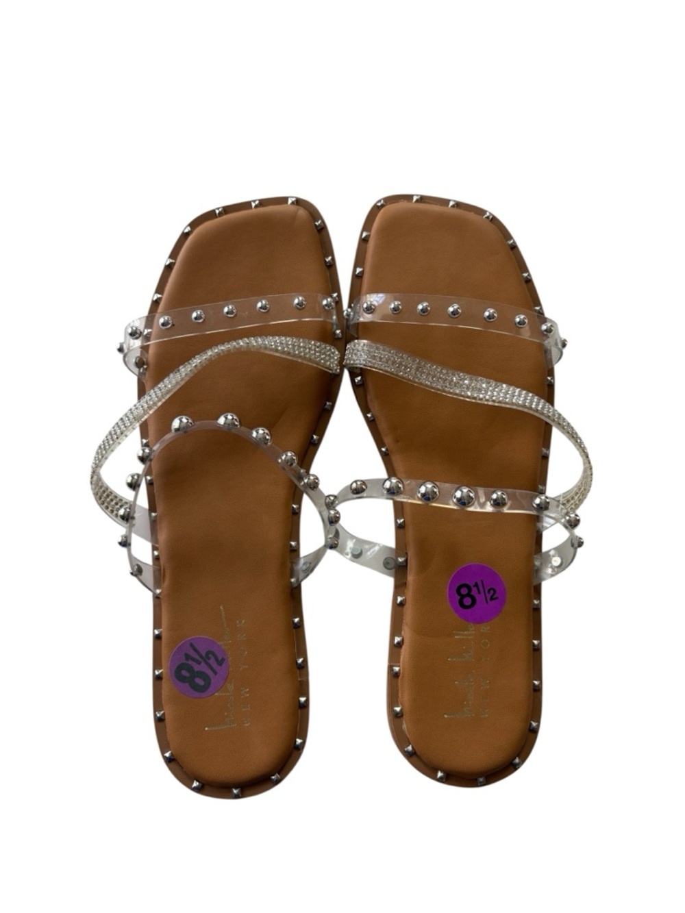 Nicole Miller Brown Leather Sandals with Clear Studded Straps